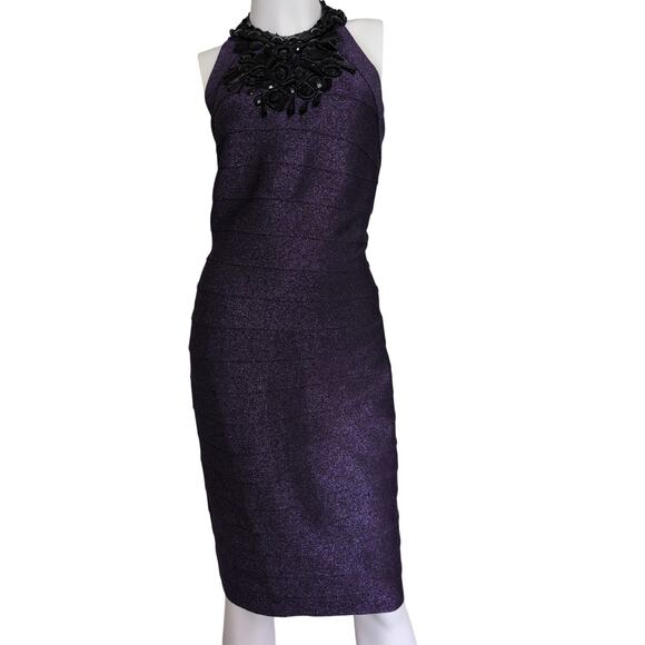 Carmen Marc Valvo Purple Beaded Bandage Dress Small Cocktail Evening Party Glam - Picture 1 of 6